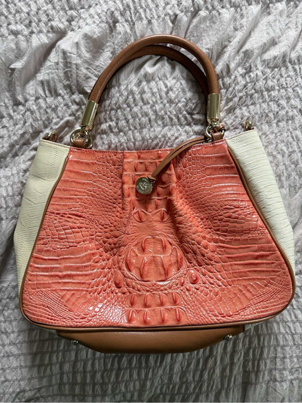 Brahmin Coral Croc-Embossed Satchel with Cream Panels and Tan Handles